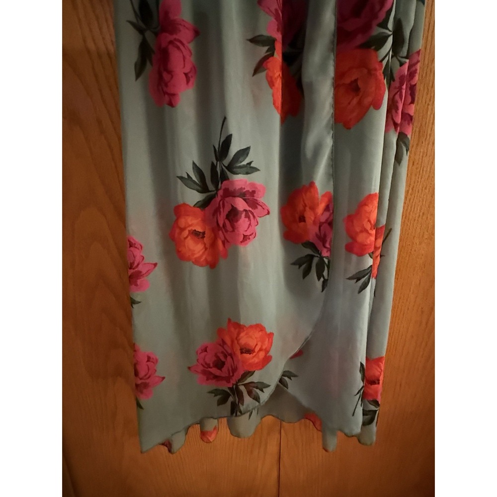 Vintage Charlotte Russe Dress Wm M Green Pink Red Roses Midi to Maxi Faux Wrap - Picture 2 of 9